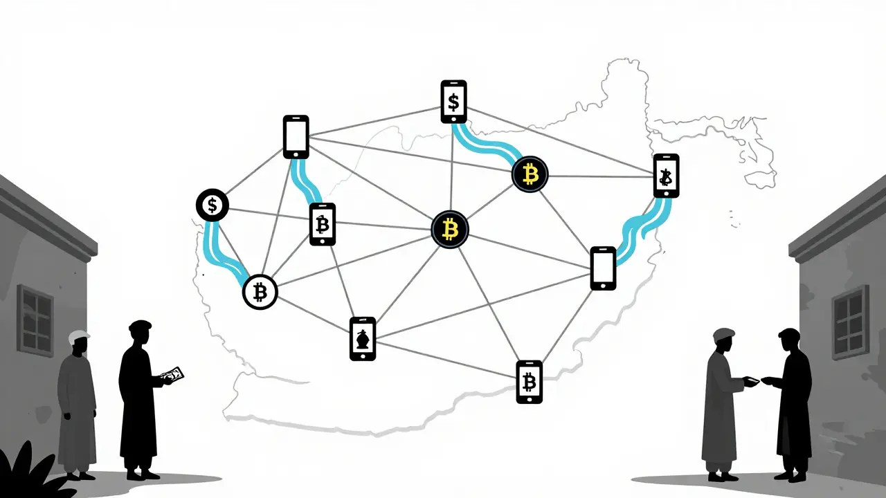 Digital currency flows through a minimalist map of Afghanistan via connected phones and cash exchanges.
