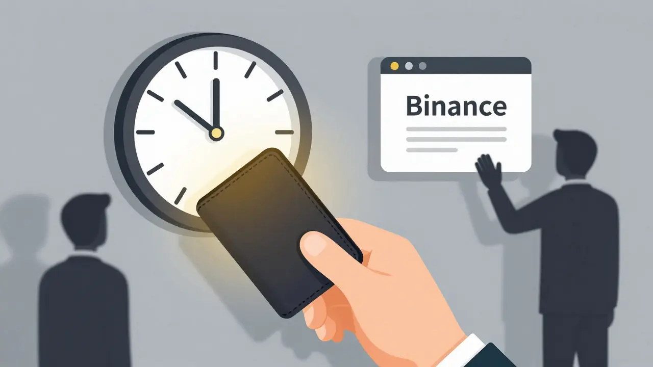 Hand placing hardware wallet behind wall clock while blocked exchange icons fade away.