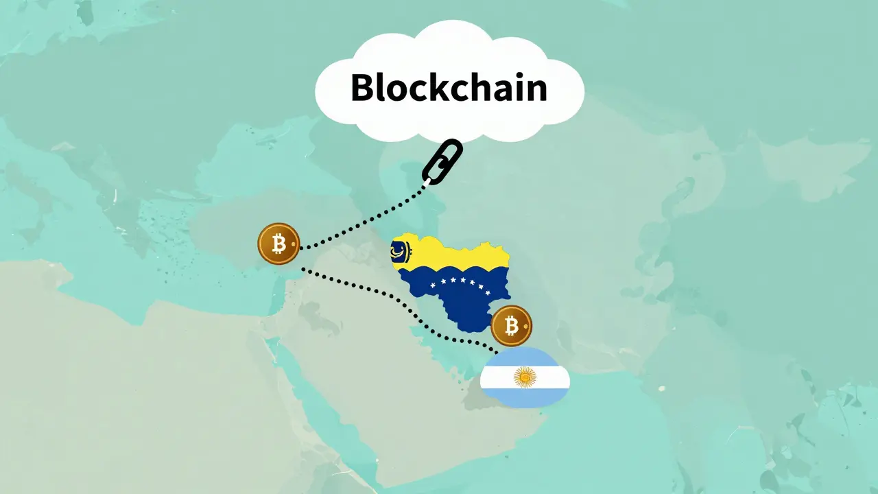 Map with connected countries and crypto wallet icons linked to a blockchain cloud.