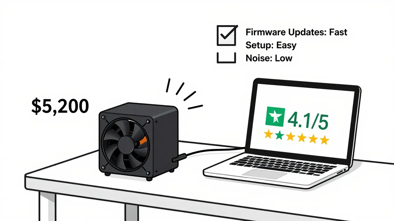 MicroBT miner on desk with stable rating and simple cooling fan
