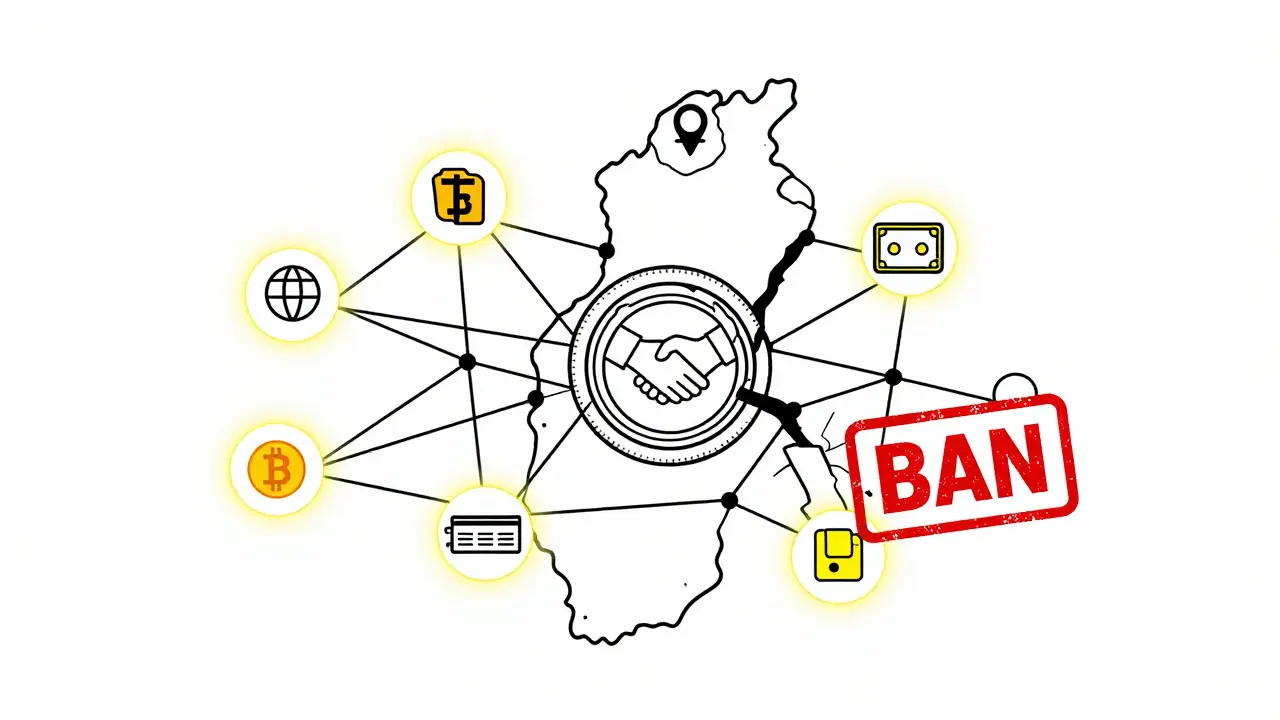 Minimalist map of Tunisia with crypto tools glowing, cracking government ban seal.