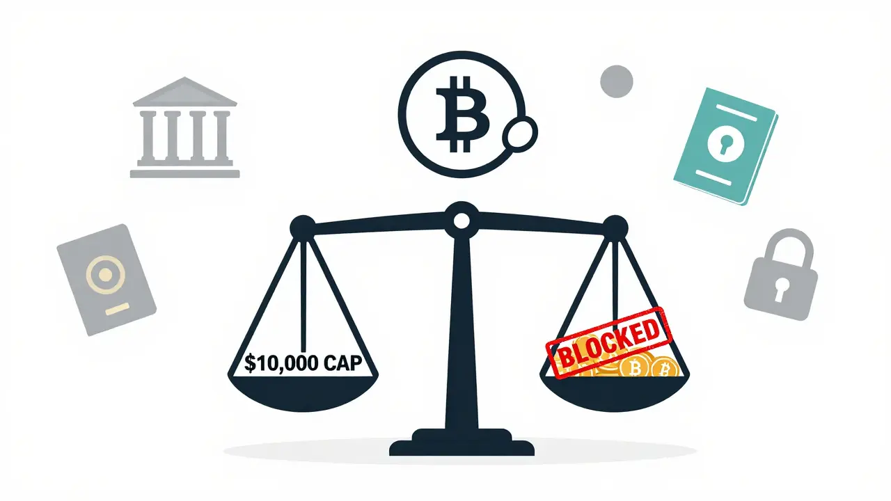 Person holding Bitcoin above a ,000 transaction cap with blocked stamp