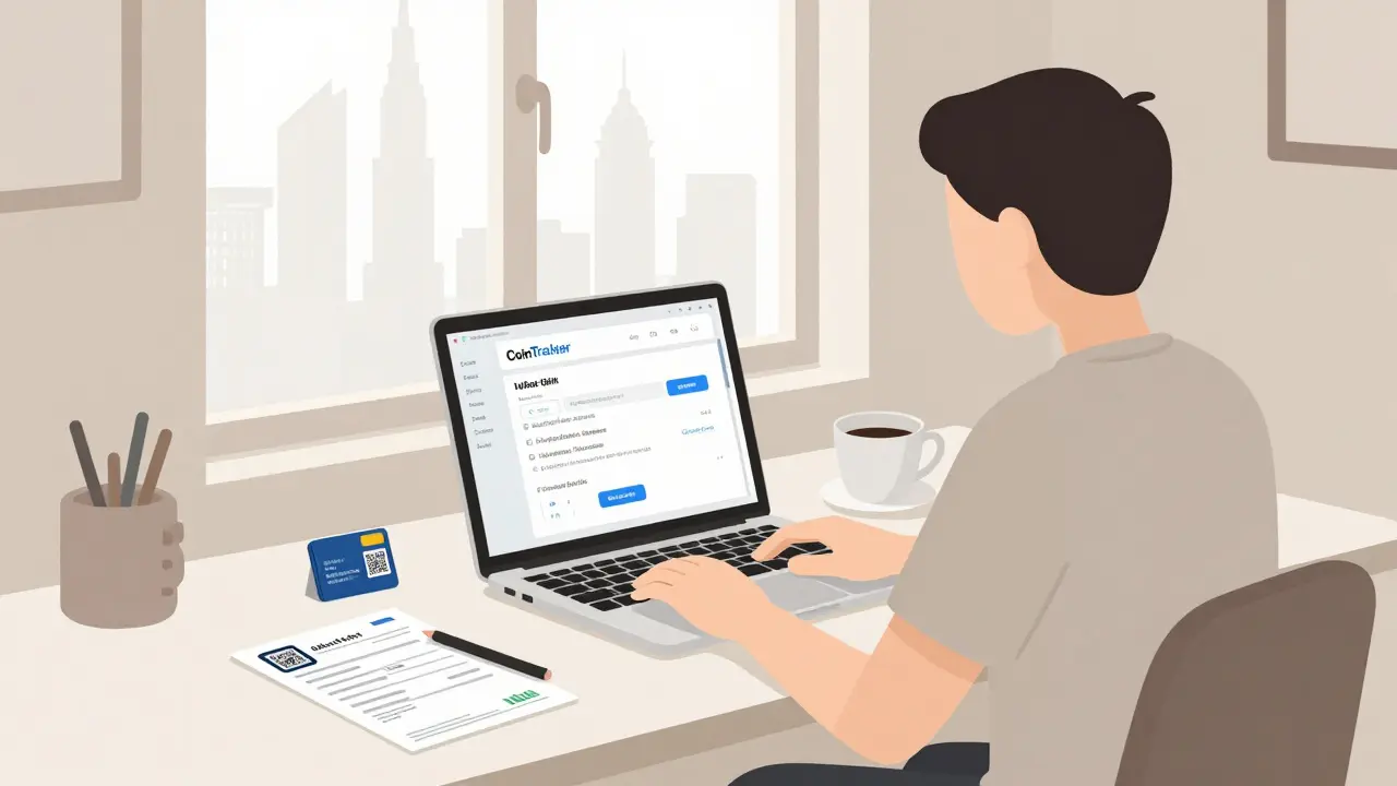 Person working on crypto taxes in a foreign apartment with local documents and wallet QR code visible.