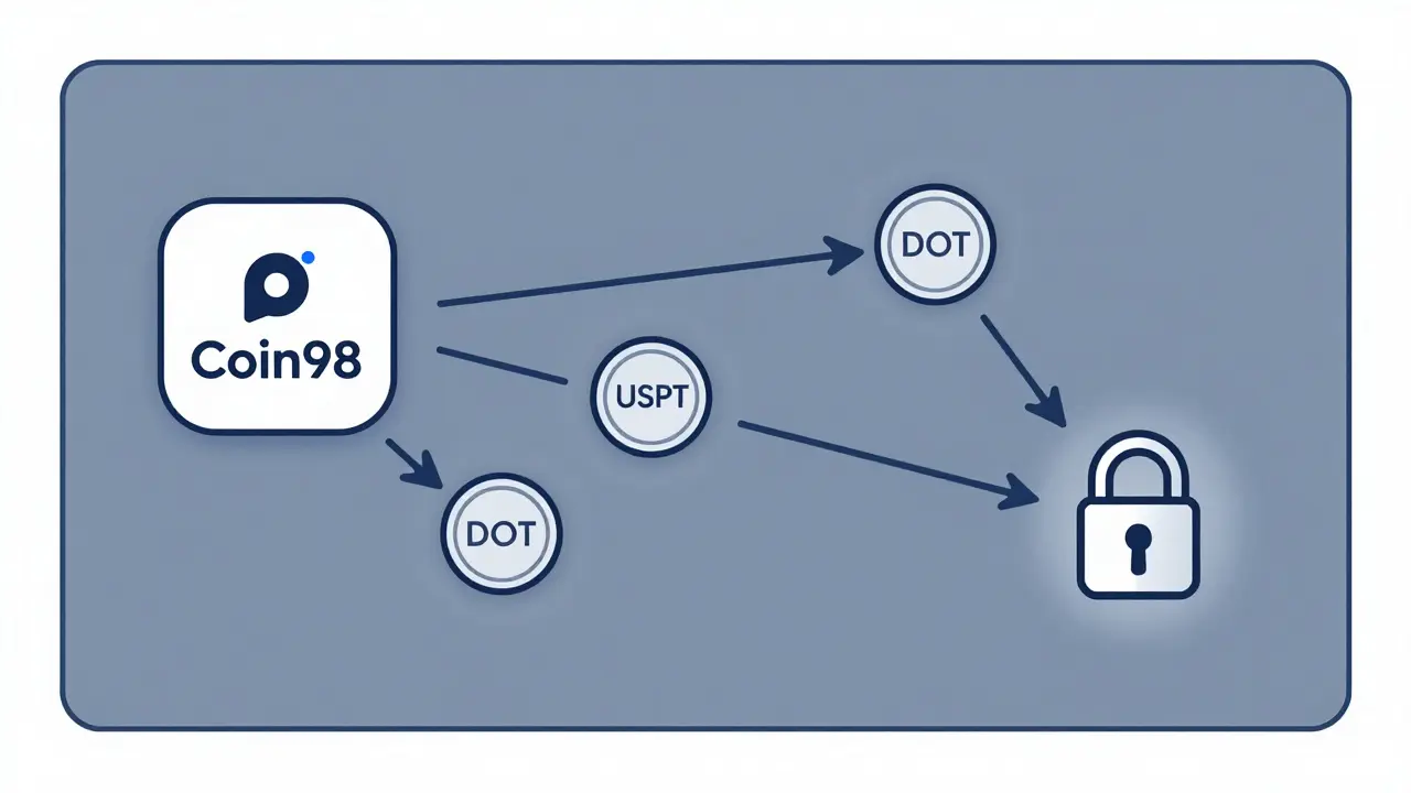 Polkadot network connections feeding into a wallet and PERRY token with no text.