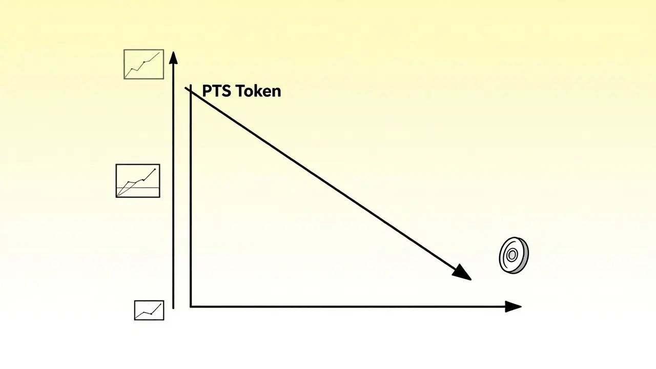 PTS token price graph falling in an empty digital space