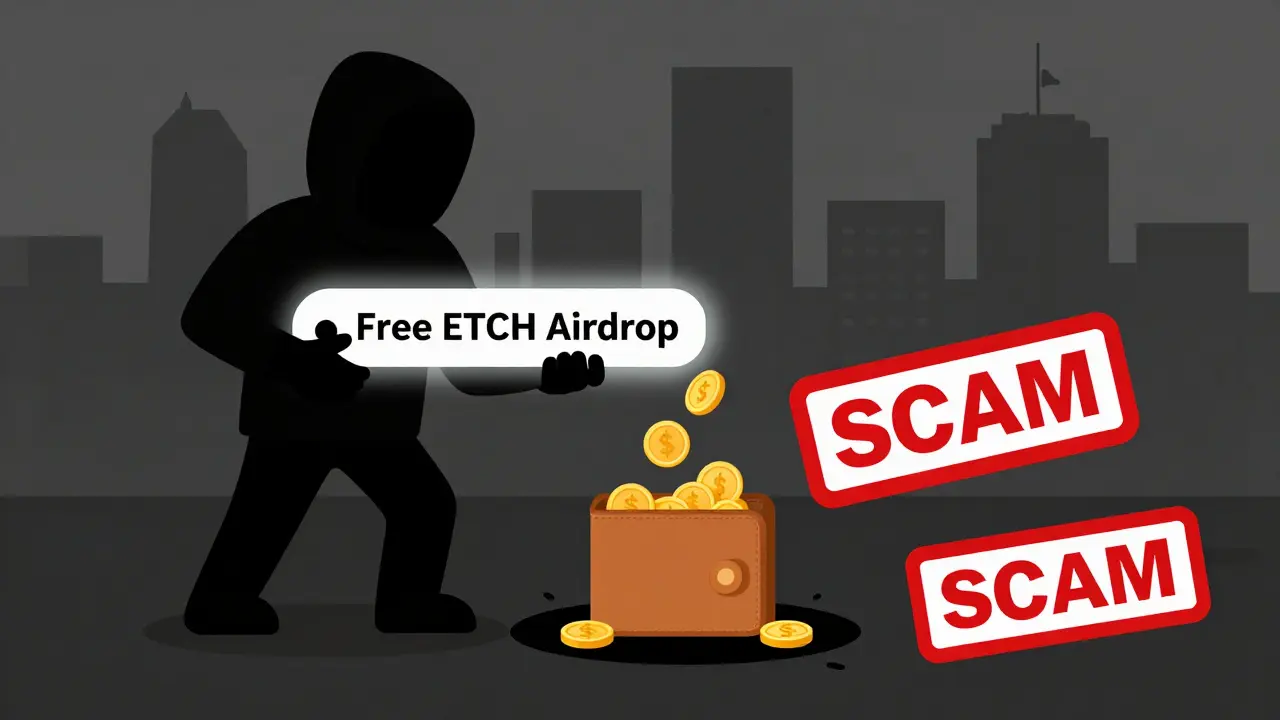 Shadowy hacker draining wallet funds through a fake airdrop link with 'SCAM' warning.