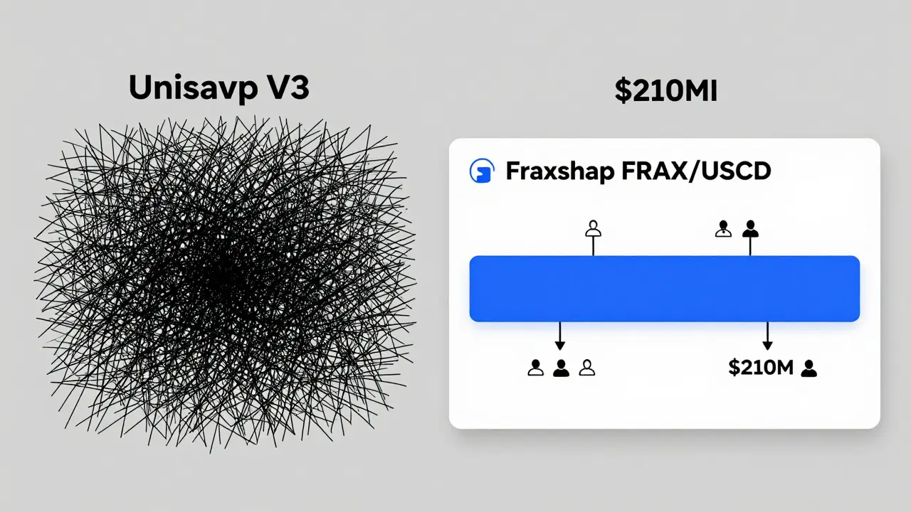 Side-by-side comparison showing deep Fraxswap liquidity versus thin liquidity on other DEXs.