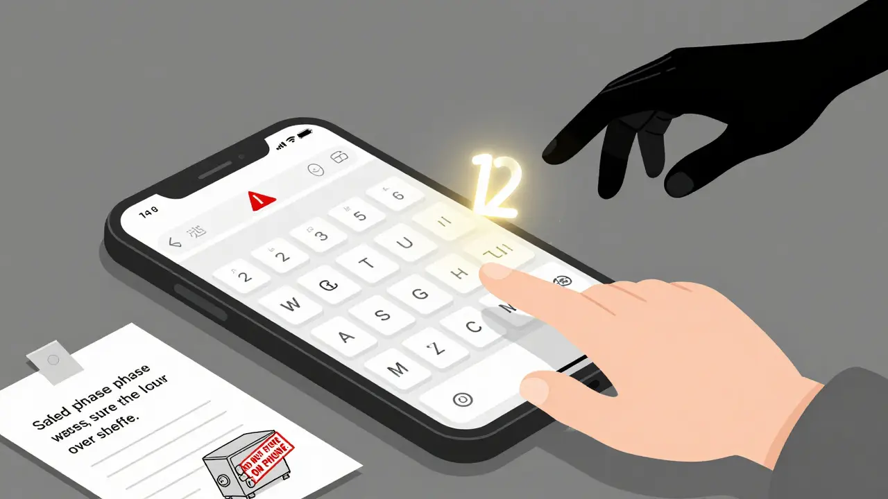 Smartphone keyboard with risky predictive text over seed phrase, while paper copy is safely stored elsewhere.