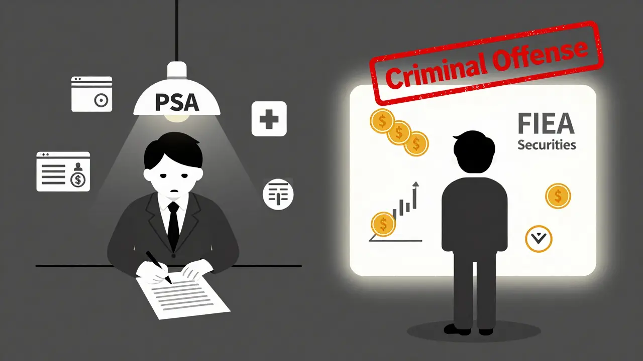 Split scene: PSA compliance on one side, FIEA securities with legal warning on the other