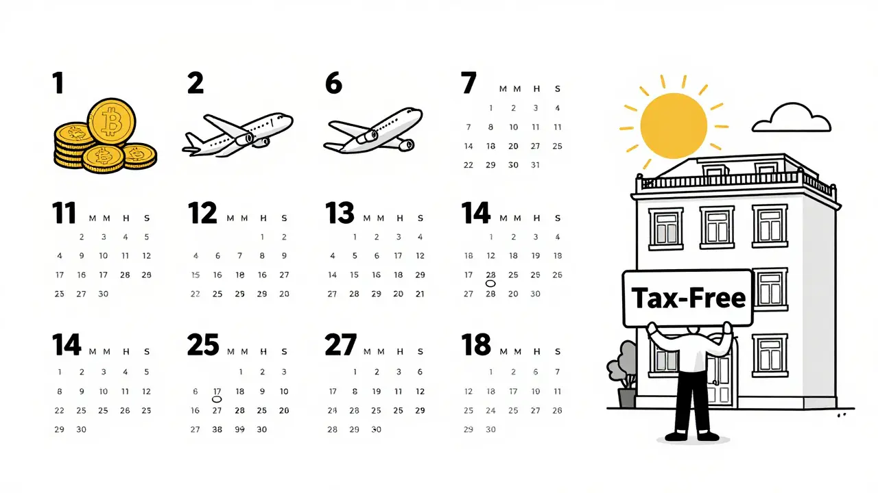 Step-by-step timeline illustration showing relocation from selling crypto to moving abroad for tax benefits.