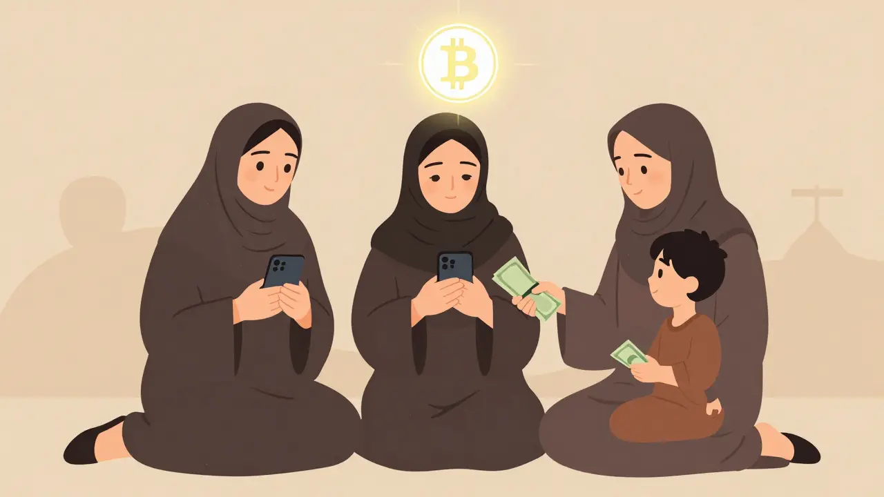 Three Afghan women use phones to receive crypto, handing cash to a child as Bitcoin glows above them.