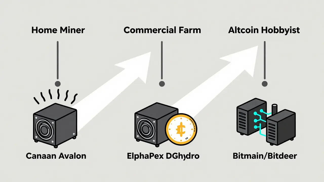 Three paths leading to different ASICs for home, commercial, and altcoin miners