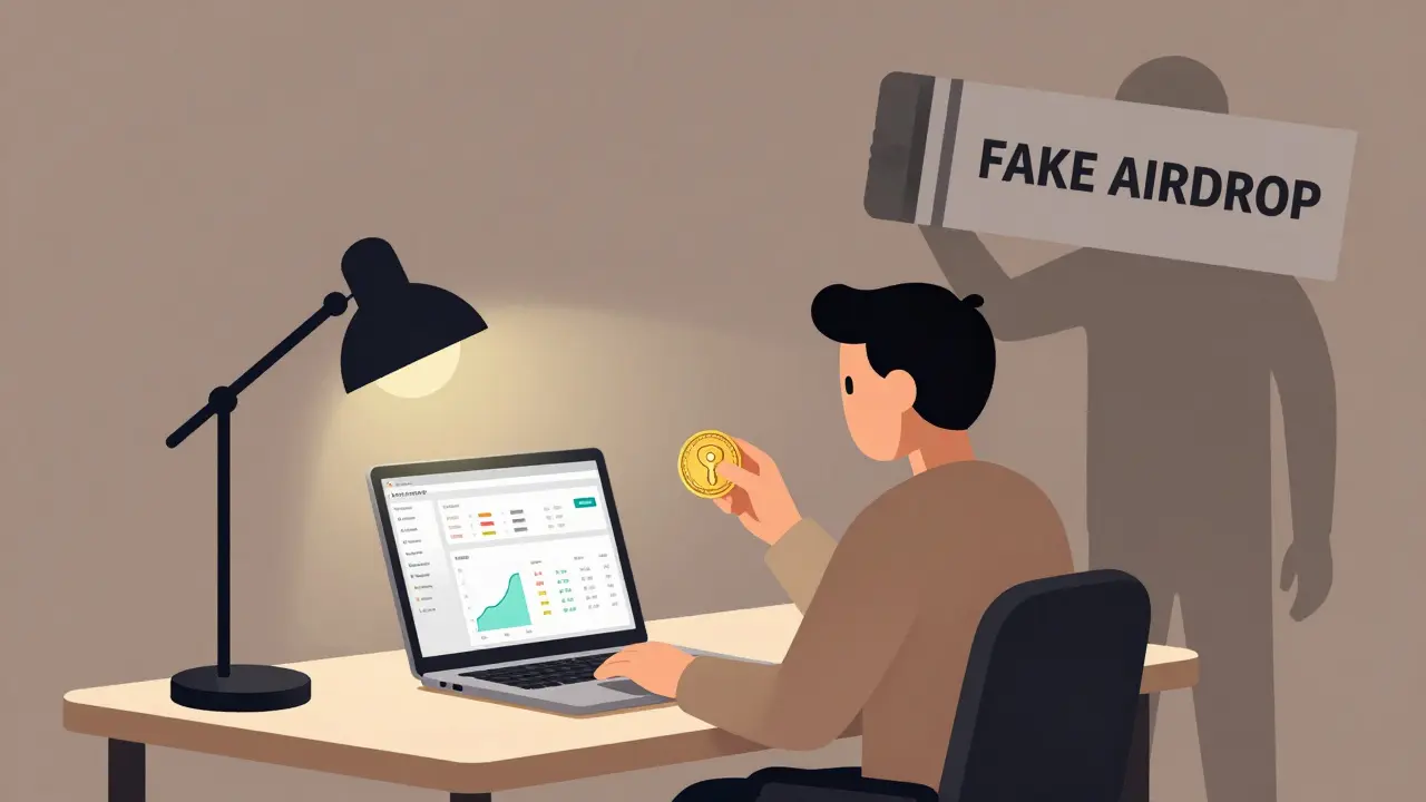 Trader using advanced tools with PERRY token as a key, fake airdrop being erased.