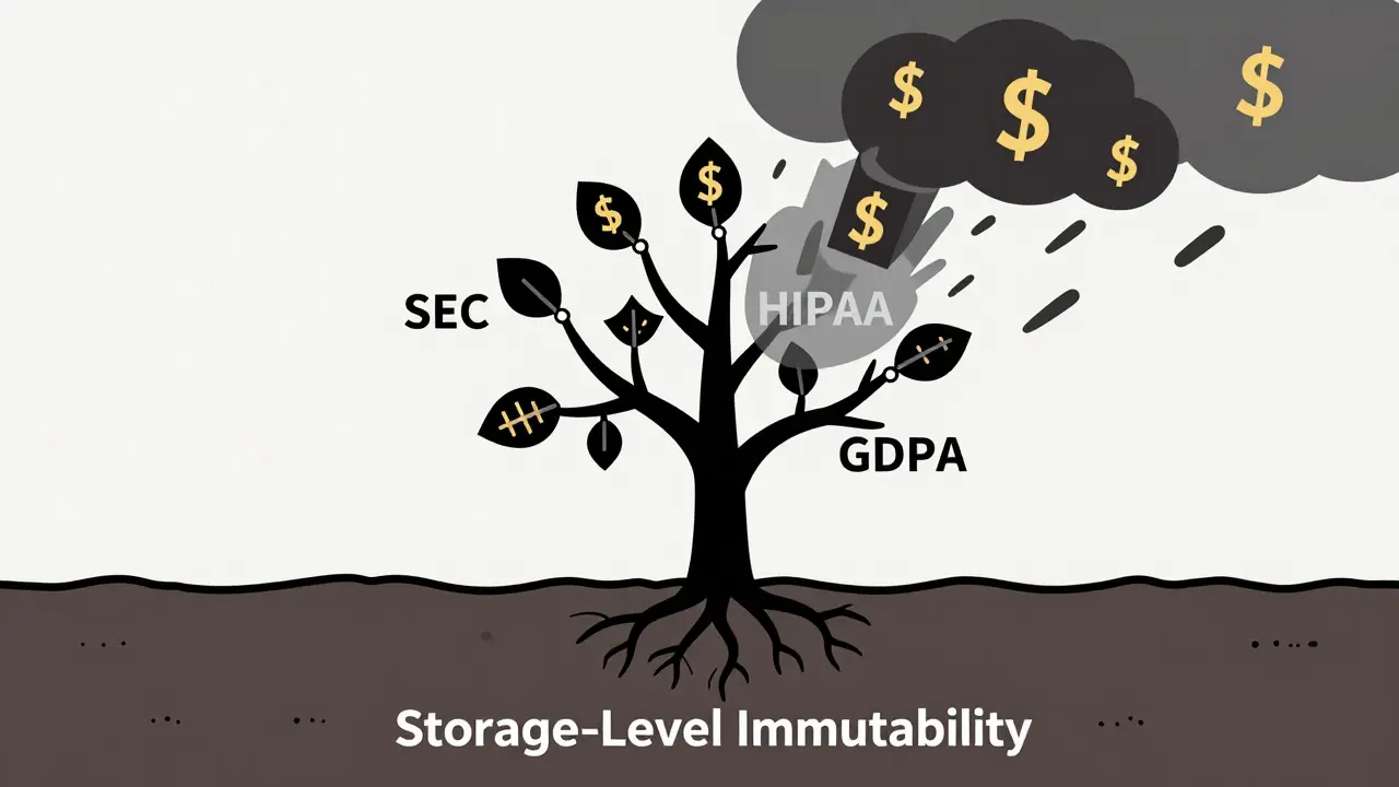 Tree with blockchain roots and compliance branches standing against ransomware storm.