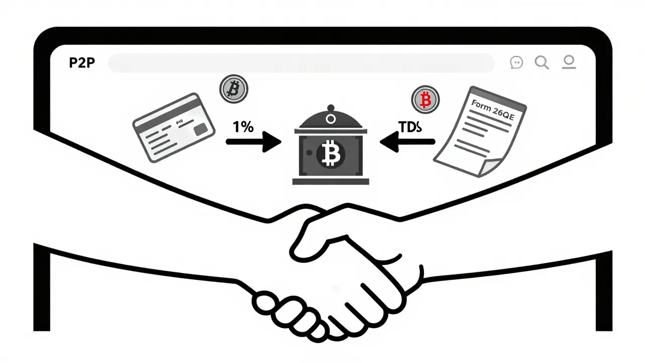 Two hands trading crypto coins, each losing 1% to a government vault, with PAN and tax form nearby.