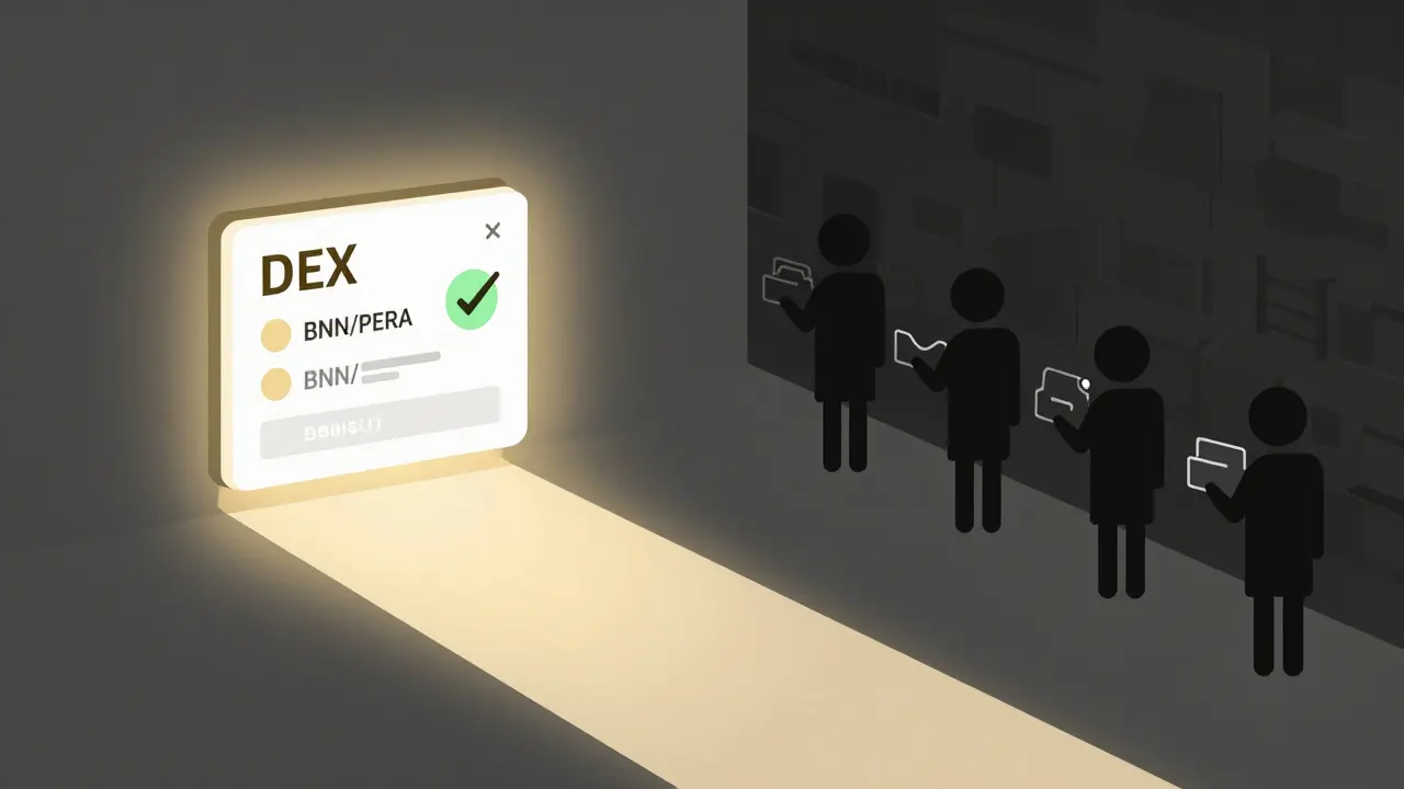 Two paths: one to a legitimate DEX trade, the other to shadowy phishing scams, illustrating safe vs. risky choices.