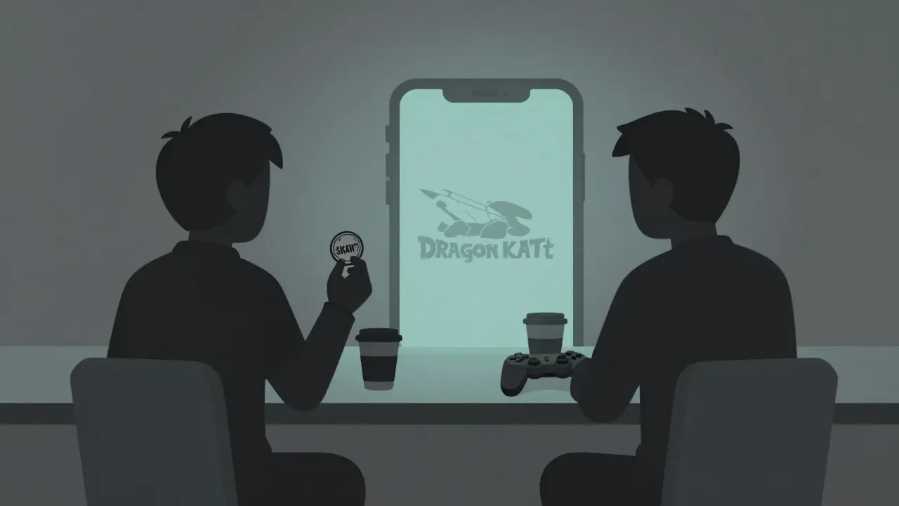 Two silhouettes in a quiet room, one holding a token, the other staring at a dead phone with a faded game logo.