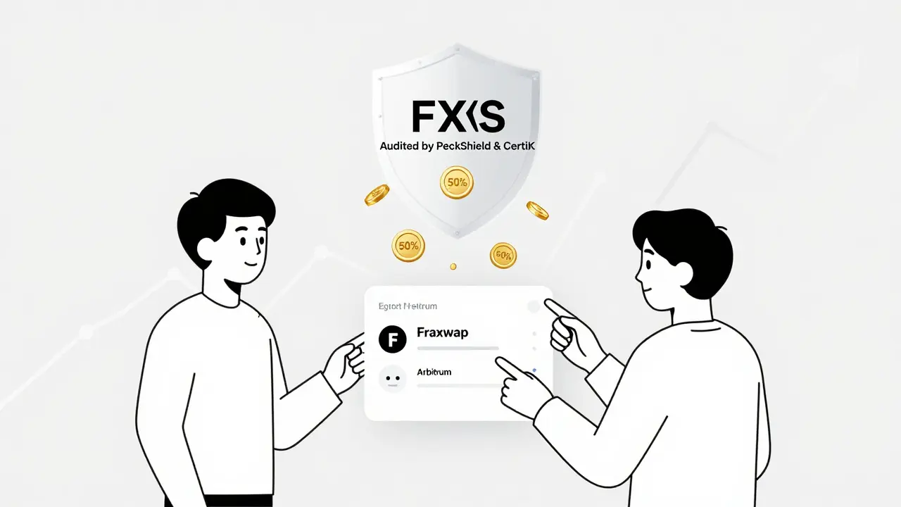 User connecting wallet to Fraxswap with security shield and fee discount tokens floating above.