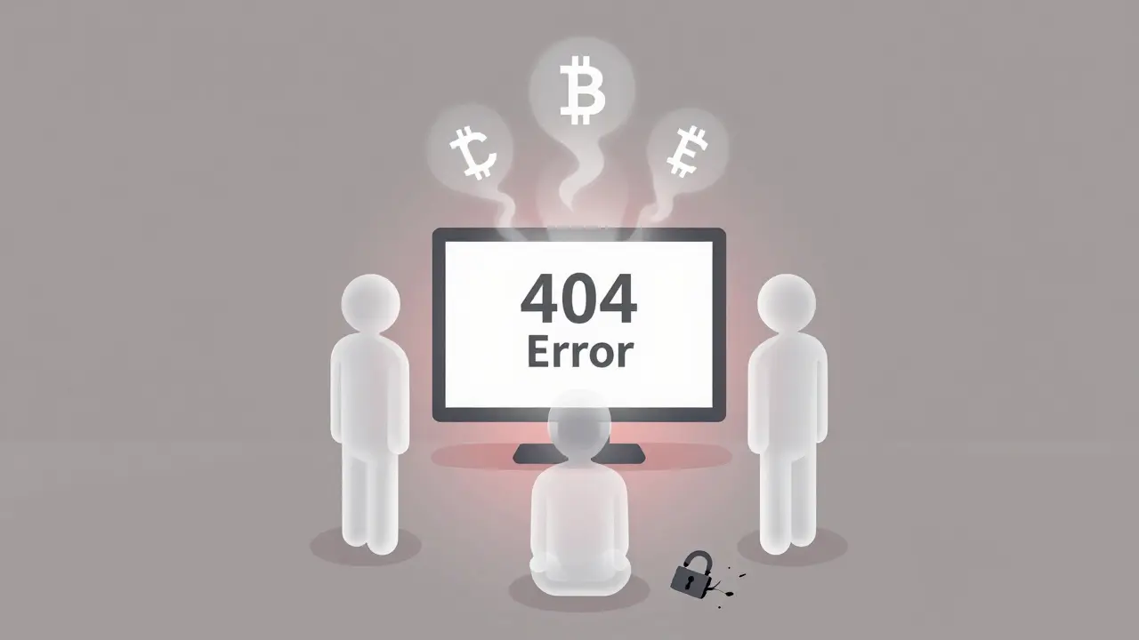 Users facing a dead screen with fading crypto symbols, representing lost access.