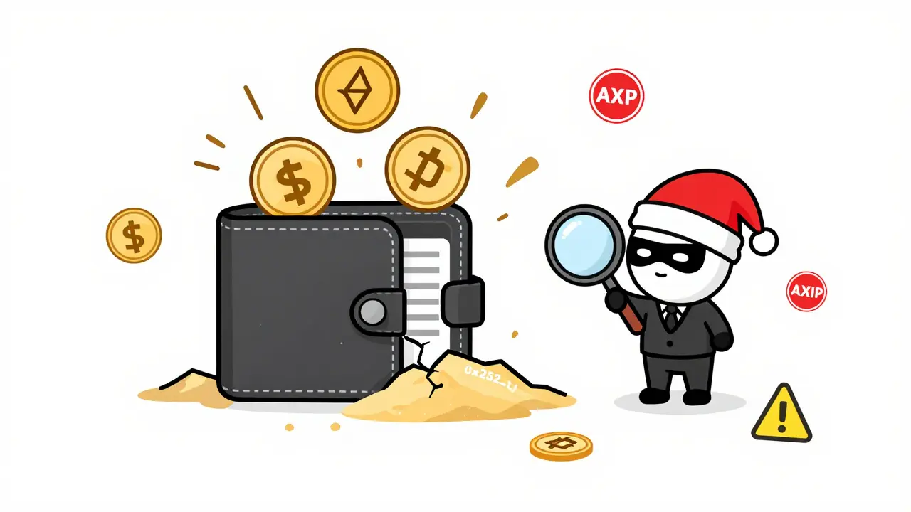 Wallet leaking tokens as masked figure examines scam contract address