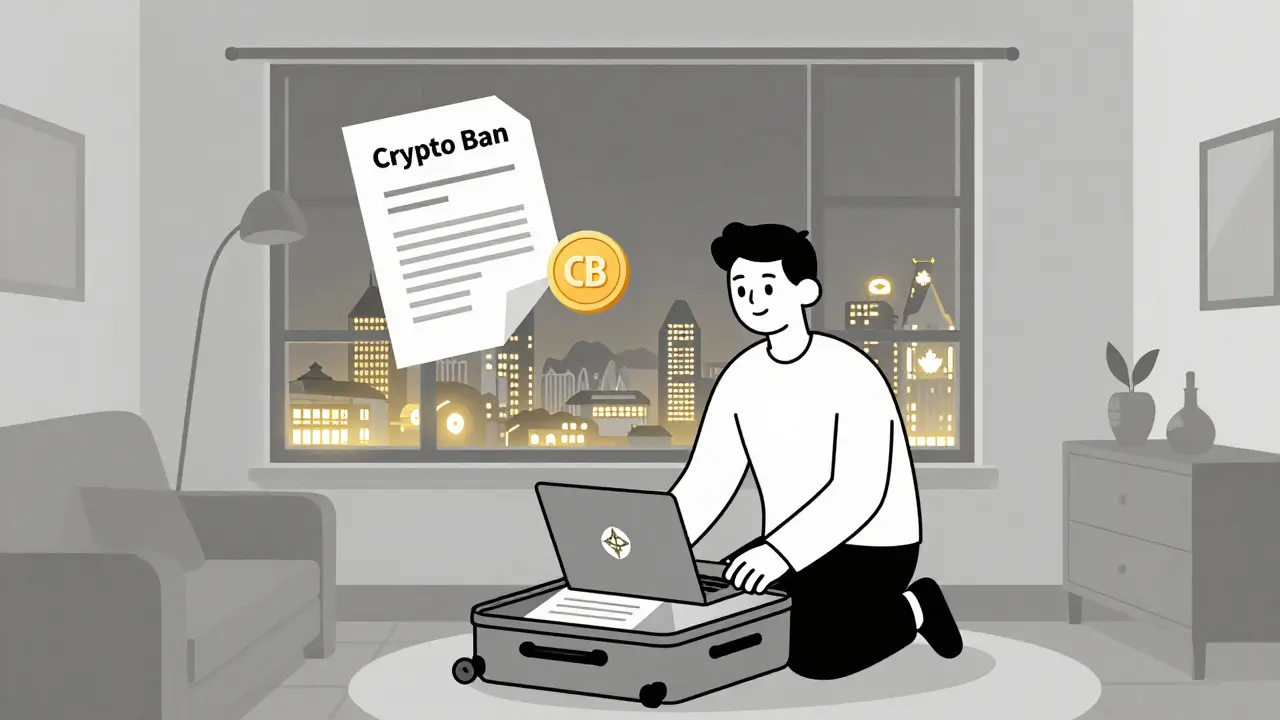 Young entrepreneur packing to leave Tunisia, CBDC and foreign cities in background.