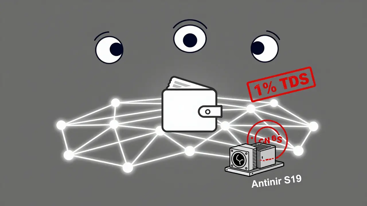 A blockchain network watched by AI eyes, with tax and customs seals on transactions and hardware.
