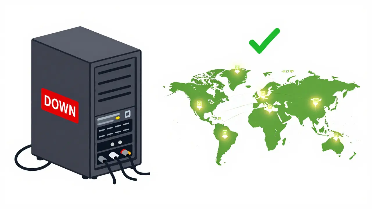 A broken central server contrasts with a resilient network of global nodes, each holding encrypted data shards.