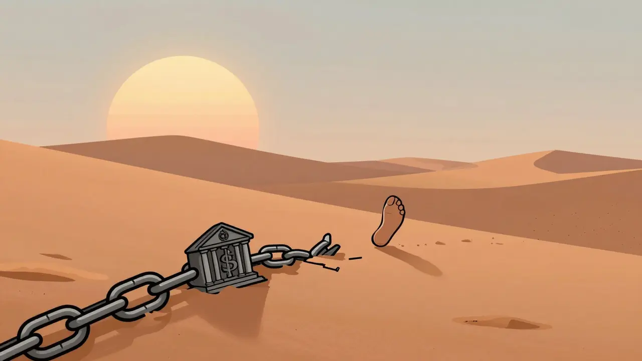A broken crypto chain on desert sand, symbolizing lost financial freedom.