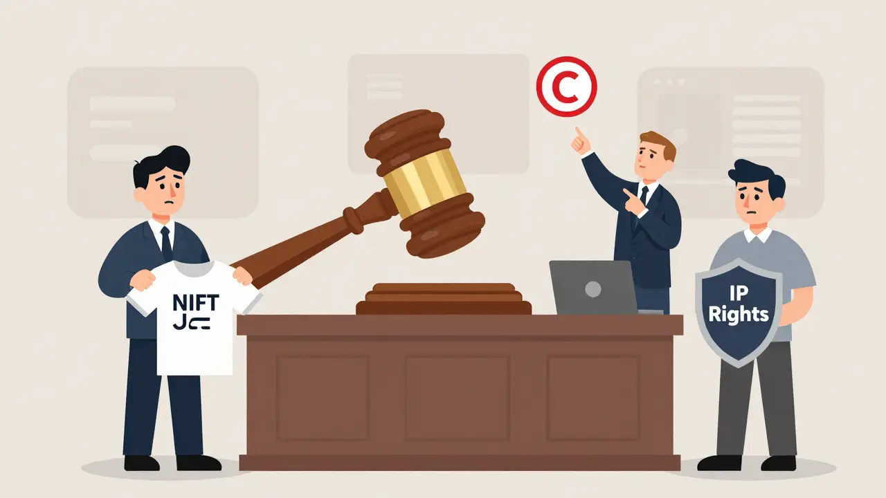 A courtroom scene with an NFT token under legal scrutiny, contrasted with a copyright symbol and confused buyer.