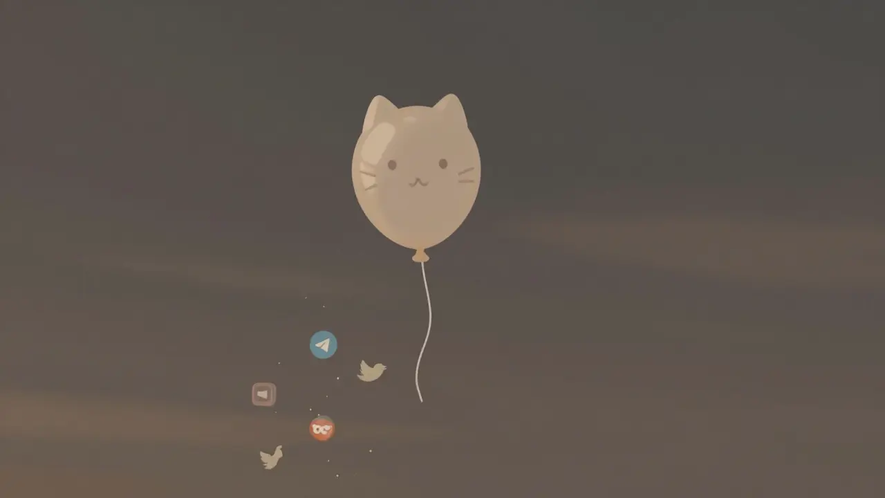 A deflated cat-shaped balloon drifting away as social media icons crumble below.