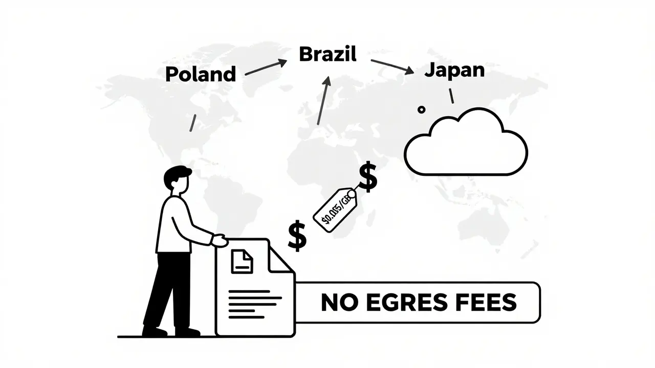 A file uploads to global storage nodes with low cost label and no egress fees shown, while corporate pricing symbols disappear.