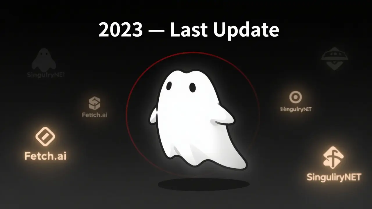 A ghostly frog token drifting in darkness, while real AI crypto projects glow faintly in the distance.