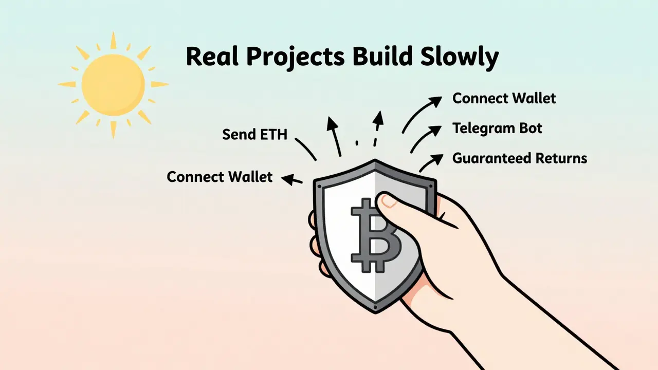A hand holding a token-shaped shield blocking scam attempts with calm sky above.