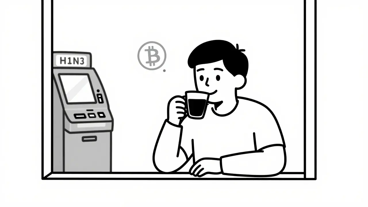 A person enjoying coffee in Lisbon with a Bitcoin ATM visible, in a clean, worry-free scene.