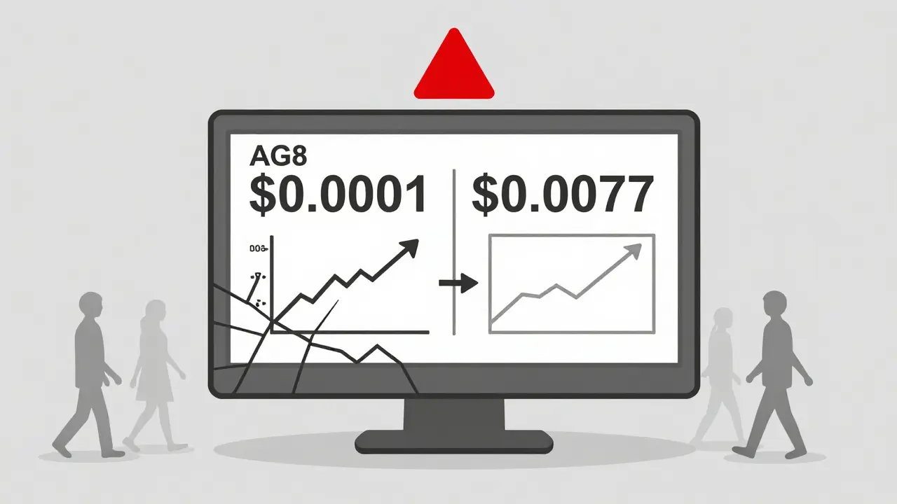 A screen showing conflicting prices for AG8 with empty trading charts and users walking away.
