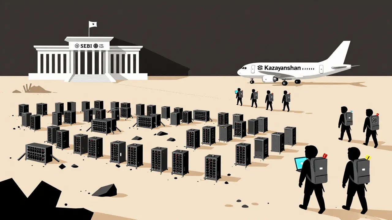 Abandoned mining rigs in a desert as miners leave for overseas, under government oversight.