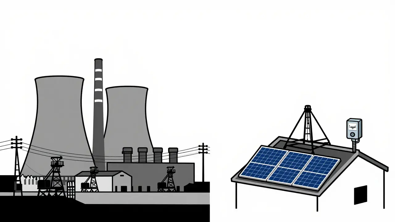 Contrasting scenes: coal-powered mining chaos vs. clean solar-powered mining.