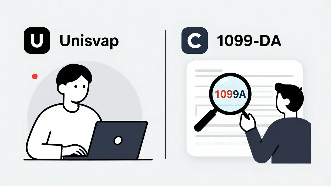 Contrasting scenes: decentralized trade with no form vs. exchange with 1099-DA form.