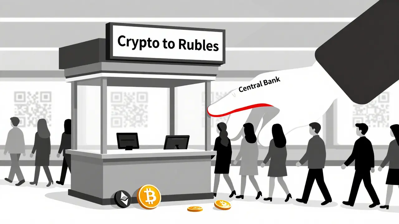 Crypto kiosk shut down by central bank hand, customers walking away