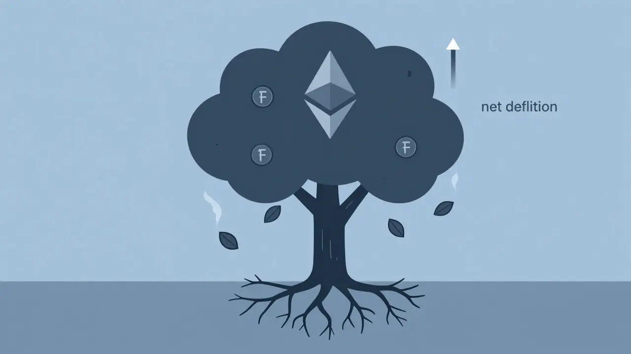 Ethereum blockchain as a tree with transaction fees burning into smoke and net deflation arrow.
