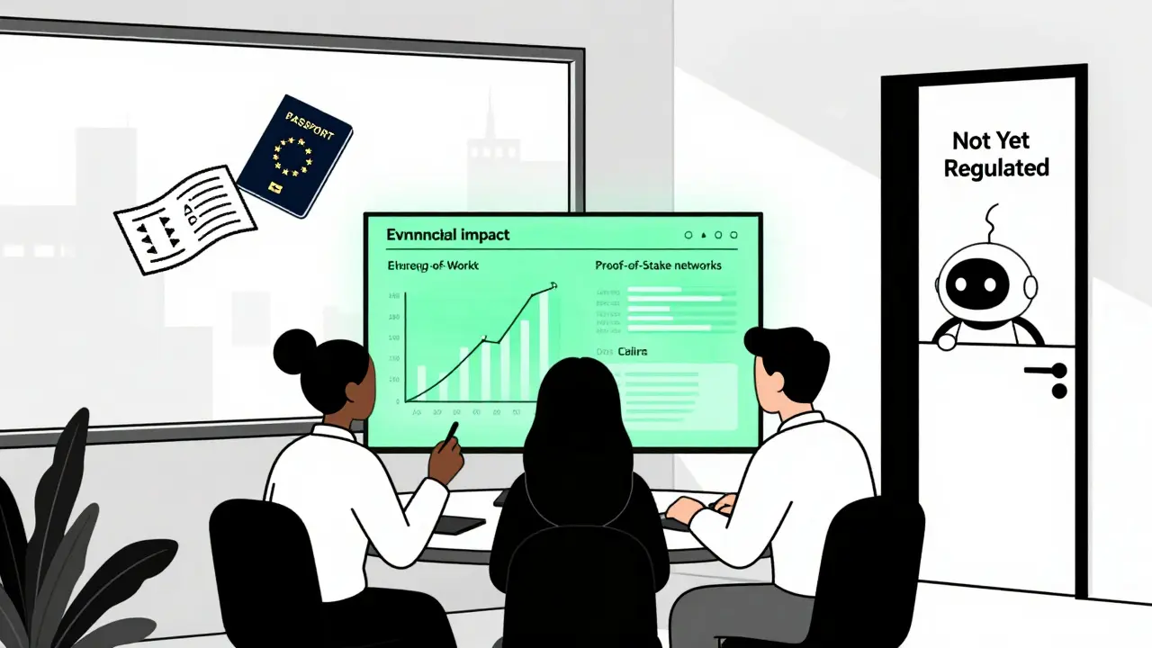 EU compliance team monitoring crypto energy usage on a digital dashboard, with a passport symbolizing cross-border licensing.