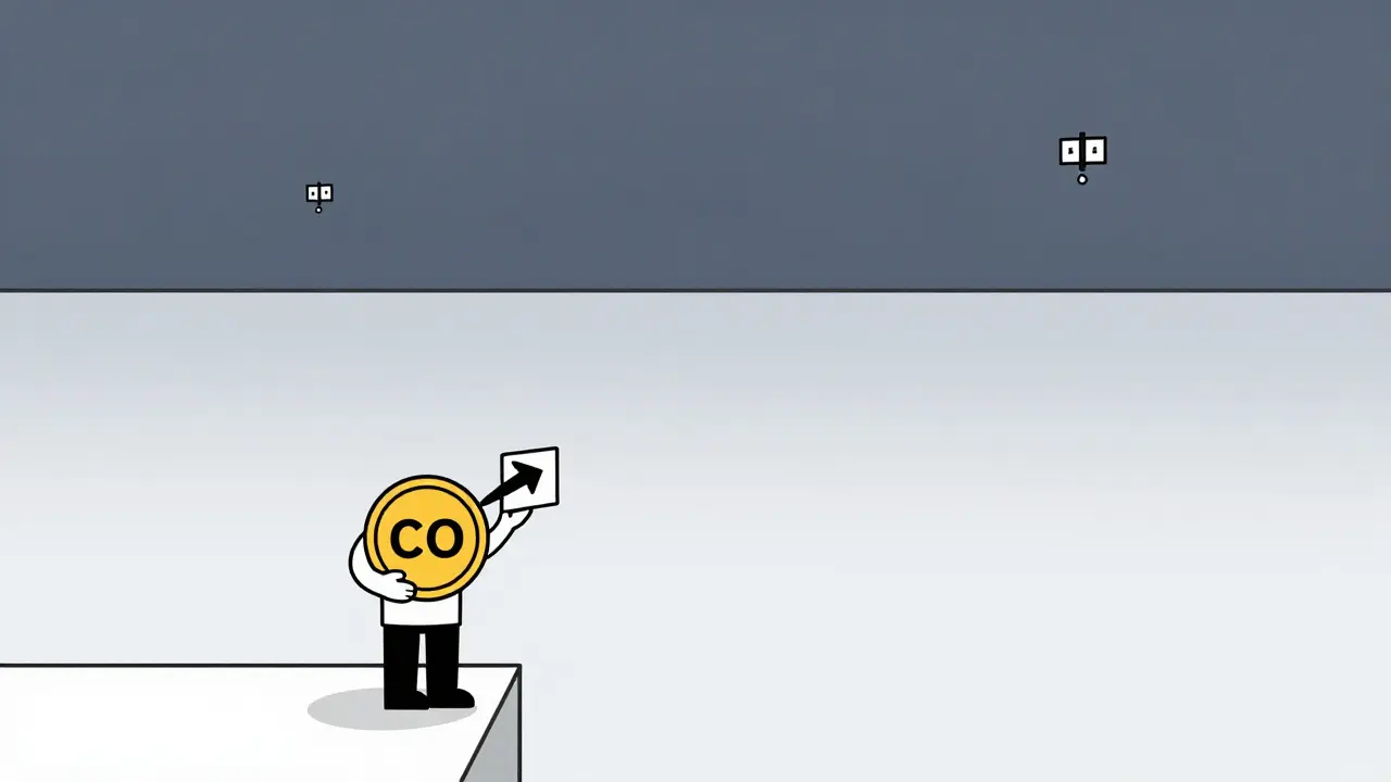 Figure holding COINS and referral arrow on an empty trading floor with only two faint trade icons.