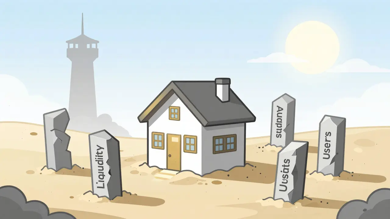 Fragile house made of supernode NFT on sand, with crumbling pillars for liquidity, audits, and users.