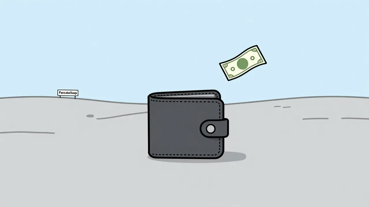 Lonely wallet on empty digital plain with tiny PancakeSwap sign and  bill.