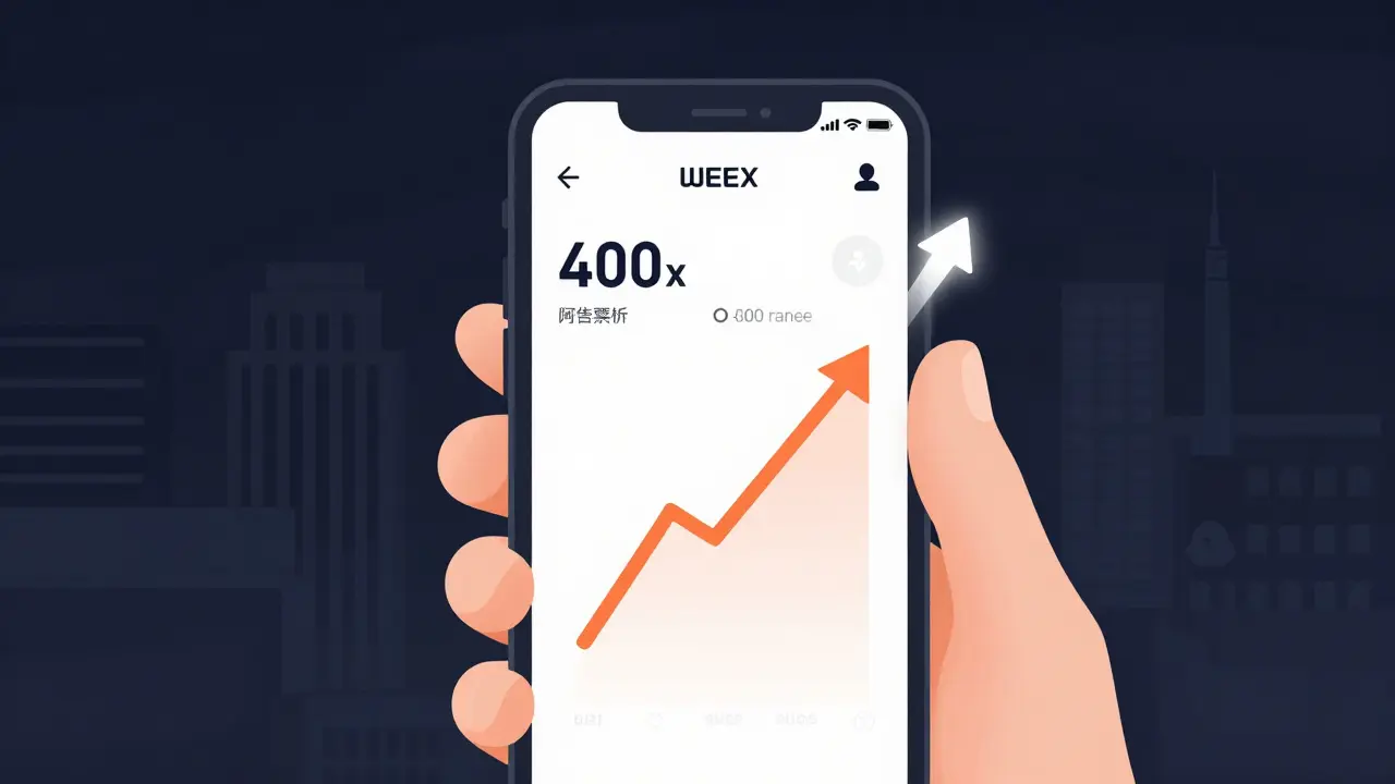 Minimalist mobile screen showing a high-leverage crypto trade with abstract UI elements.