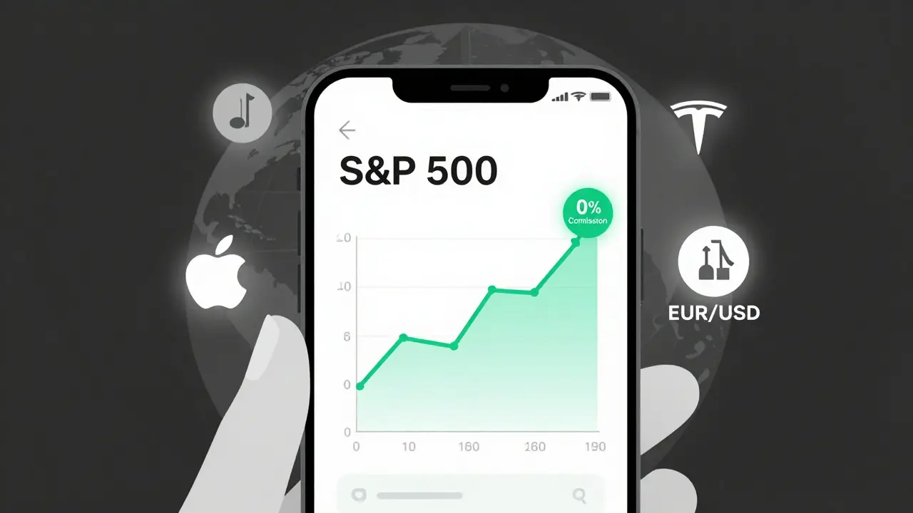 Mobile trading screen with Bitcoin as collateral and zero-commission tag, displaying global market icons.