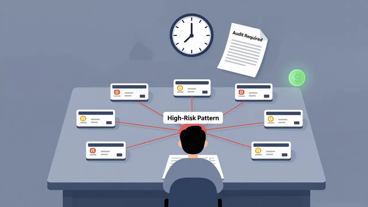 Person surrounded by multiple bank cards linked to a high-risk network node