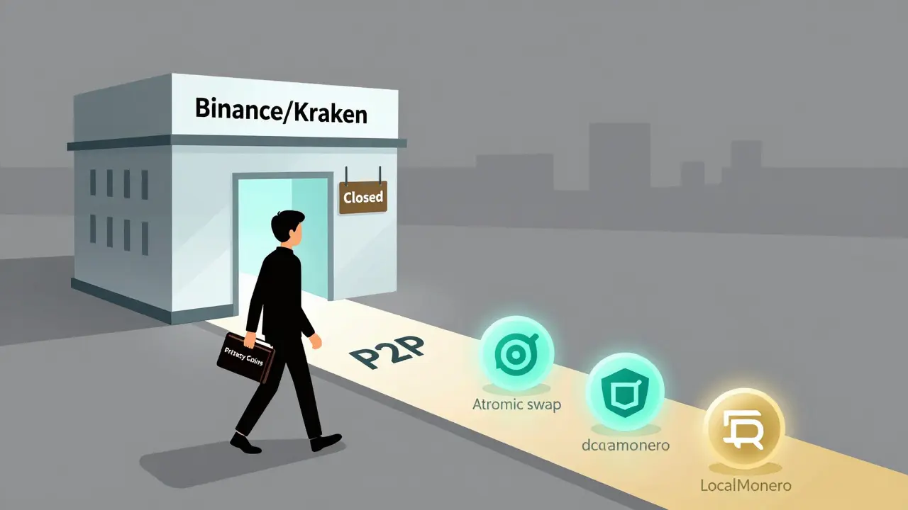 Person walking away from a closed exchange toward decentralized trading paths