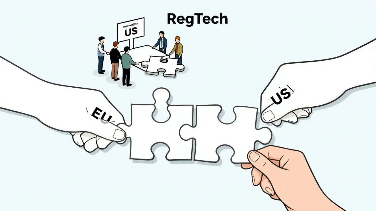 Puzzle piece being pulled by EU, U.S., and China, while a startup in Portugal completes it cleanly