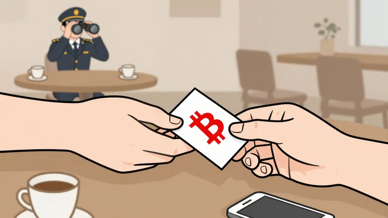 Secret handoff of a Bitcoin note in a café while being watched from afar.